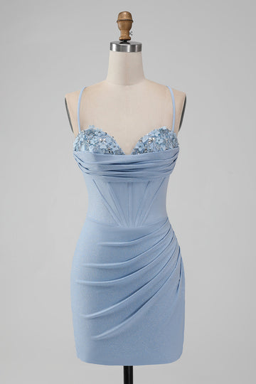 Light Blue Bodycon Corset Spaghetti Straps Short Cocktail Dress